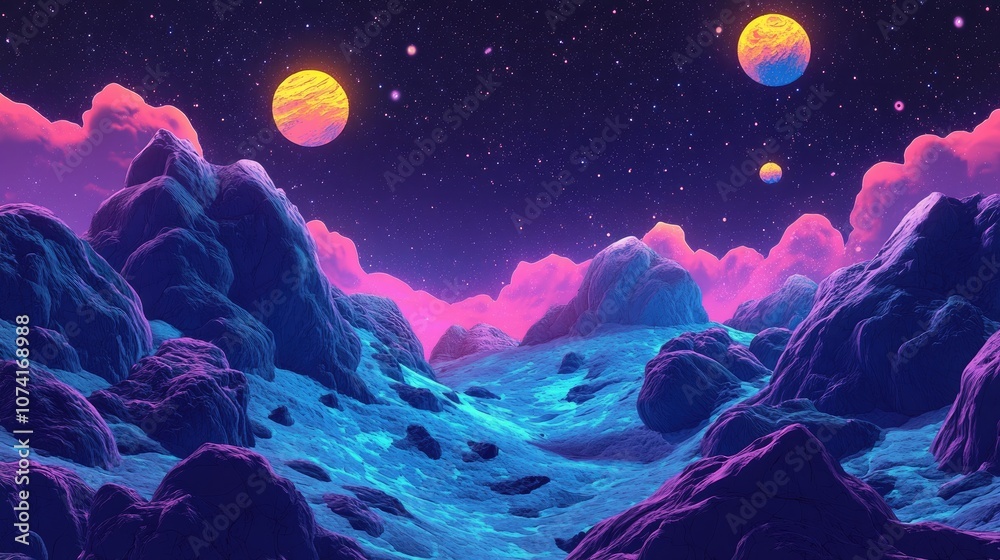 2D illustration with a cartoon cosmos background Rendered in 3D featuring deep interstellar space with stars planets and moons Diverse science fiction creative backdrops in an imaginary cosmic set 2D illustration with a cartoon cosmos background Rendered in 3D featuring deep interstellar space with stars planets and moons Diverse science fiction creative backdrops in an imaginary cosmic set