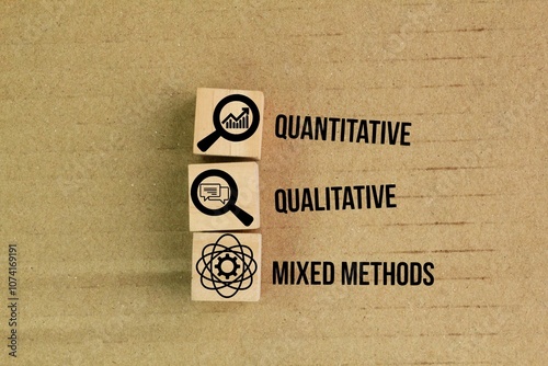 wooden cube with three icons These three research approaches are quantitative, qualitative, and mixed methods photo