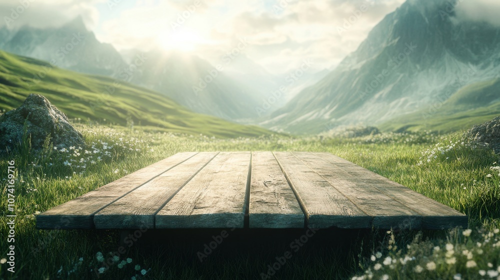 Rustic wooden table in a grassy meadow, mountain range towering in the background under soft light