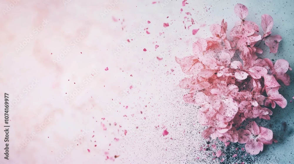 Pink flowers disintegrate into tiny particles in a dynamic, artistic composition symbolizing beauty, fragility, and transformation. Pink flowers disintegrate into tiny particles in a dynamic, artistic composition symbolizing beauty, fragility, and transformation.