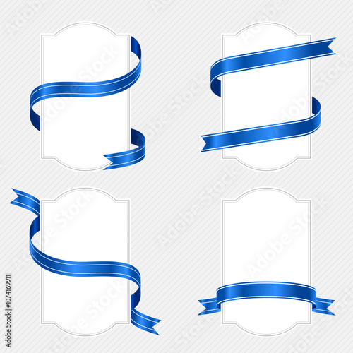 Set of label frames with blue ribbons wrapped around them for decoration and celebration.