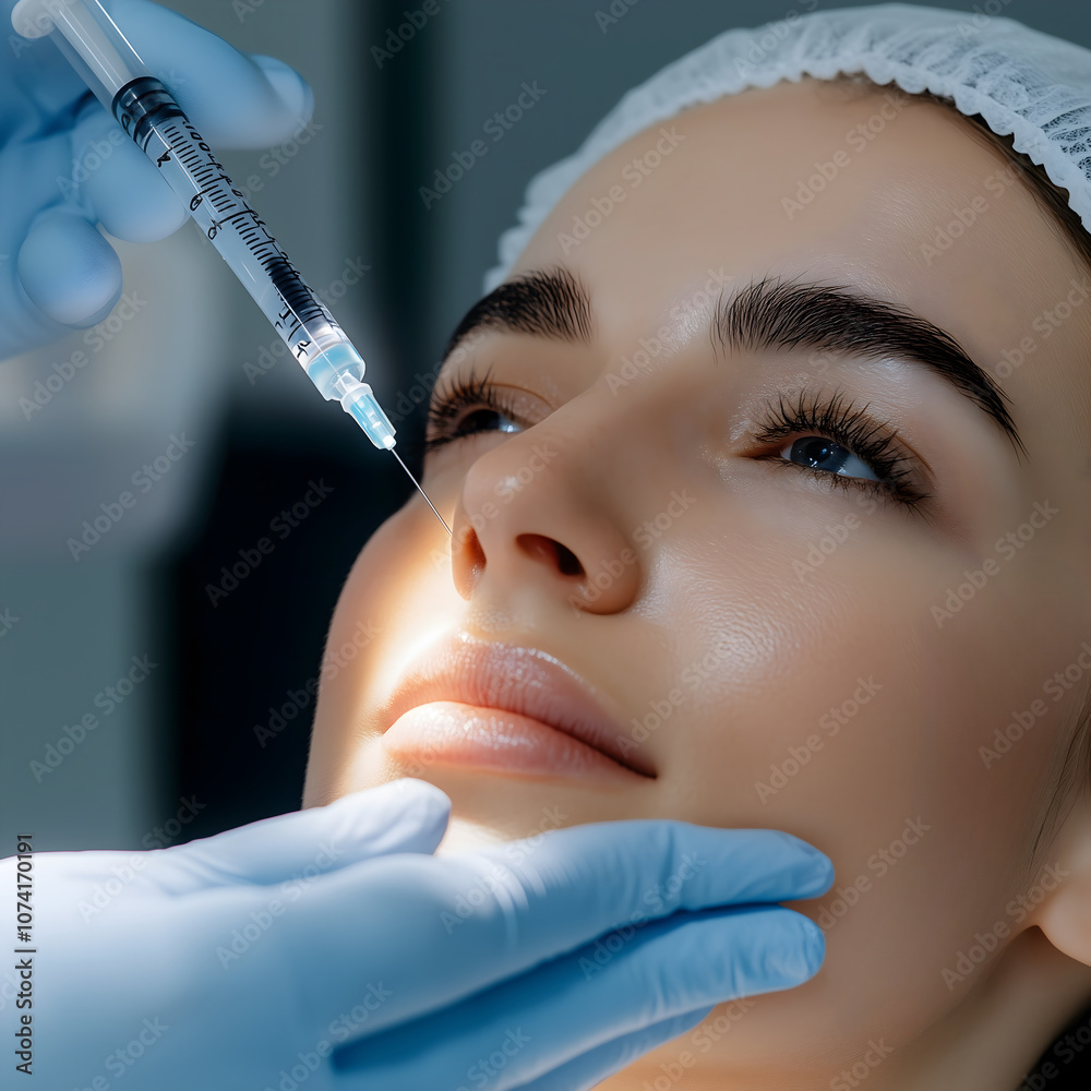 A close-up, detailed shot of a needle gently touching the skin of a person’s face, preparing for a filler injection. A close-up, detailed shot of a needle gently touching the skin of a person’s face, preparing for a filler injection.