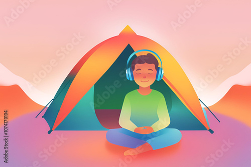 Young boy with headphones, meditate and sit down in front of tent on the mountain photo