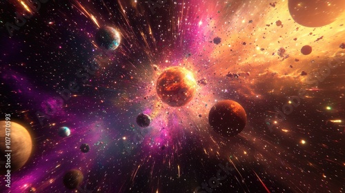 Spectacular multicolored illustration featuring particles and rays showcasing abstract forms and planets related to science captured in a 3D cartoon rendering An explosion of stars in space photo