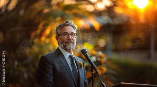 middle aged Caucasian man giving eulogy at outdoor funeral ceremony