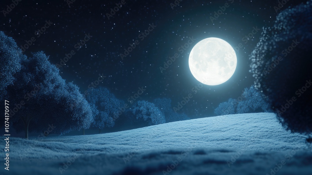 Naklejka premium Bright White Full Moon at Night in 3D Cartoon Rendering