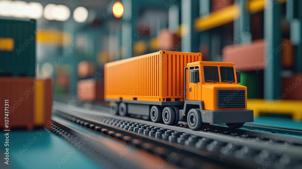 Orange toy truck transporting containers in a warehouse setting. Orange toy truck transporting containers in a warehouse setting.