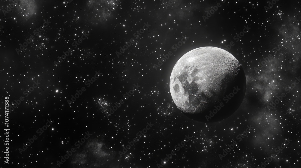 Obraz premium Gray moon and numerous stars on a black background in 3D cartoon rendering