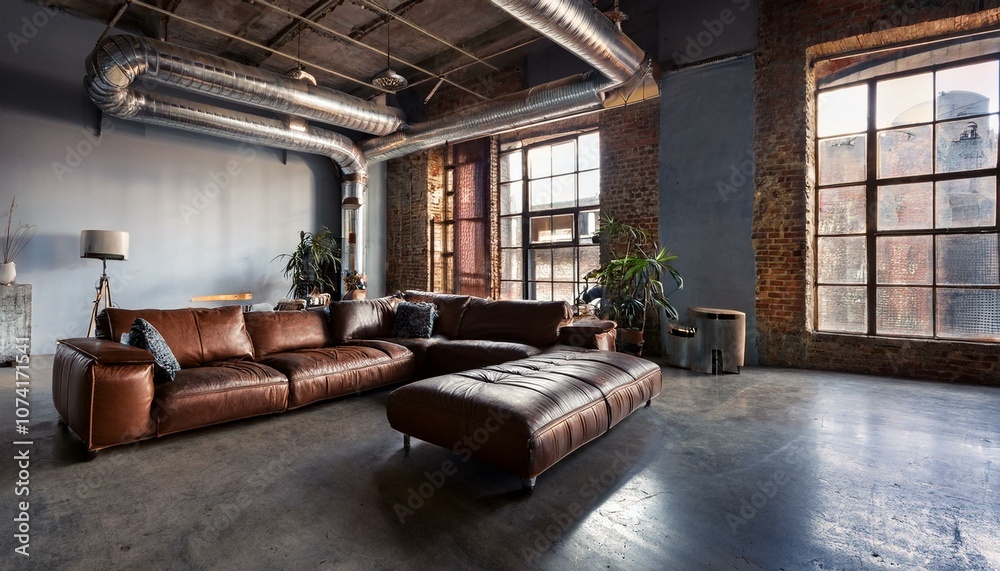 Fototapeta premium Industrial Living Room with Exposed Pipes, Leather Sofa, and Concrete Flooring