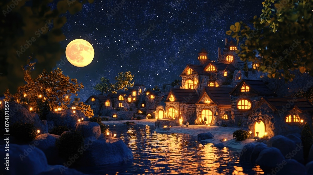 Night landscape in 3D cartoon rendering Night landscape in 3D cartoon rendering