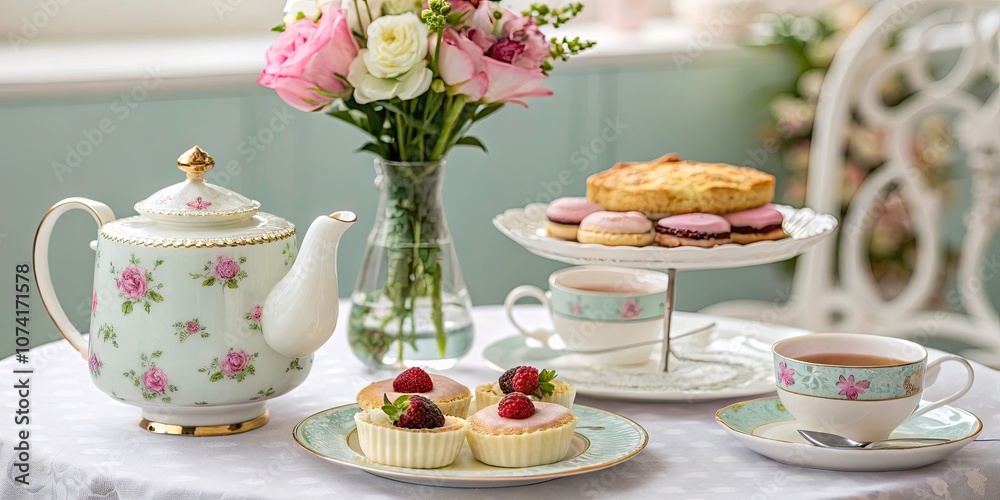 Exquisite Afternoon Tea Set with Delicate Pastries, Fine China, and Fresh Flowers for Elegant Events and Celebrations Exquisite Afternoon Tea Set with Delicate Pastries, Fine China, and Fresh Flowers for Elegant Events and Celebrations