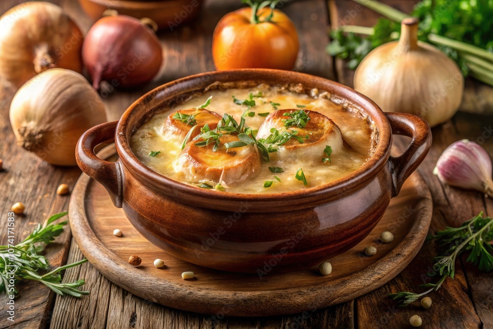 Exquisite French Onion Soup with Melted Cheese and Fresh Herbs in a Rustic Ceramic Bowl Exquisite French Onion Soup with Melted Cheese and Fresh Herbs in a Rustic Ceramic Bowl