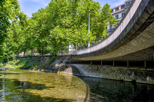 Zurich, Switzerland - July 26, 2024:  \cenery along the Schanzengraben Promenade Zurich Switzerland
 photo