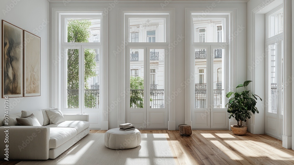 Fototapeta premium Bright, modern living room with large windows and plants.