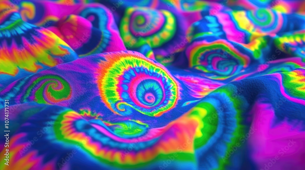 Dyes on Clothes in a 3D cartoon rendering Fluorescent swirl hypnotic patterns Rainbow shibori dyeing Hippie colors with fluorescent hues Psychedelic textures Neon hypnotic designs Vintage hippie s