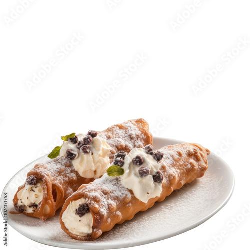 Fresh cannoli filled with sweet ricotta on white background photo