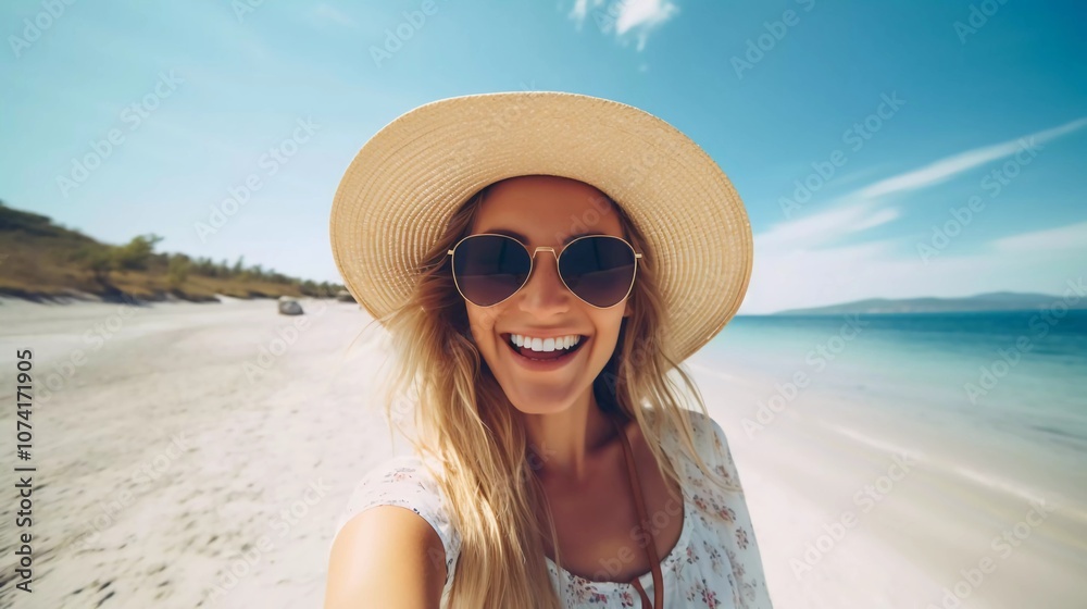 A smiling woman in sunglasses and a straw hat enjoys a sunny beach day. A smiling woman in sunglasses and a straw hat enjoys a sunny beach day.