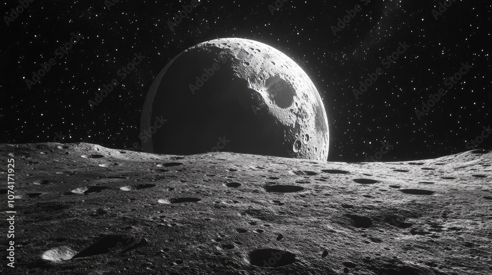 Half Moon Background in 3D Cartoon Rendering A realistic depiction of the Moon which is the only permanent natural satellite orbiting Earth Half Moon Background in 3D Cartoon Rendering A realistic depiction of the Moon which is the only permanent natural satellite orbiting Earth