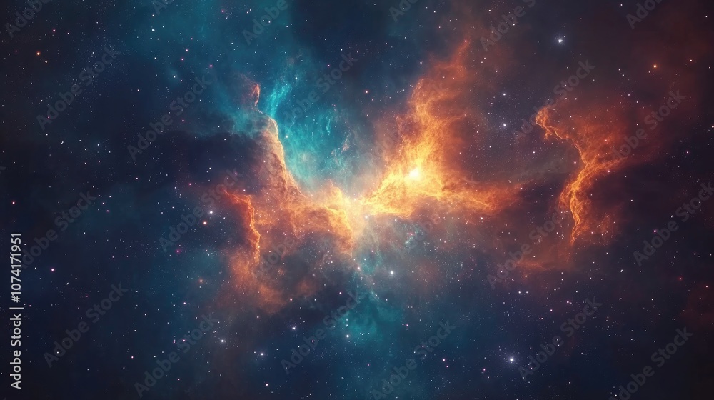 Scientific background featuring a 3D cartoon rendering of a glowing nebula and stars in a mysterious deep space universe Scientific background featuring a 3D cartoon rendering of a glowing nebula and stars in a mysterious deep space universe