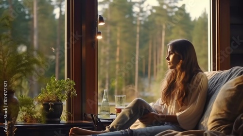A woman relaxes by a window, enjoying nature and a drink in a serene setting. Free Download A woman relaxes by a window, enjoying nature and a drink in a serene setting. - GFXLoad