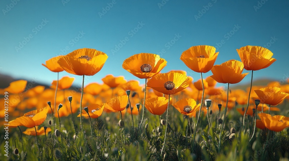 Obraz premium Vibrant field of orange flowers under a clear blue sky.