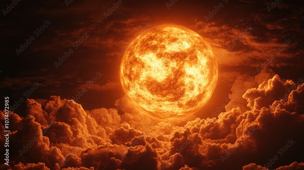 Fototapeta premium 3D illustration of a fiery orange exoplanet with clouds set against a black sky