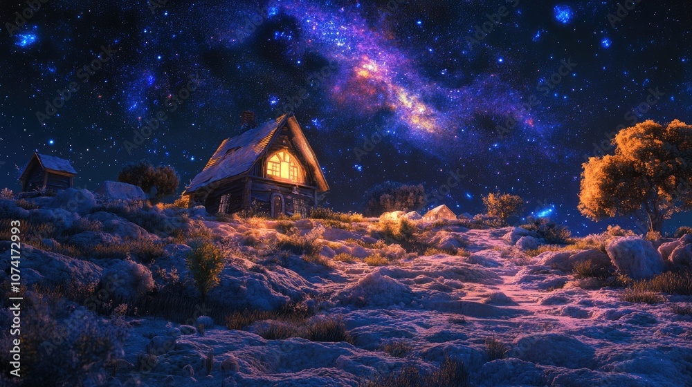 3D cartoon depiction of a star filled galaxy with a salt farm house at night 3D cartoon depiction of a star filled galaxy with a salt farm house at night
