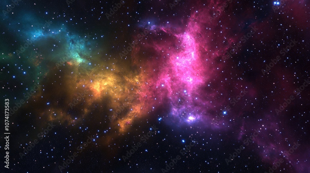 3D cartoon depiction of a colorful nebula and starry night sky in rainbow hues showcasing vibrant outer space far beyond Earth 3D cartoon depiction of a colorful nebula and starry night sky in rainbow hues showcasing vibrant outer space far beyond Earth