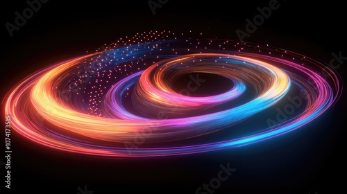 Abstract 3d illustration featuring a neon background with luminous swirling elements and a glowing spiral design The composition includes an elegant black backdrop a halo effect isolated power vis