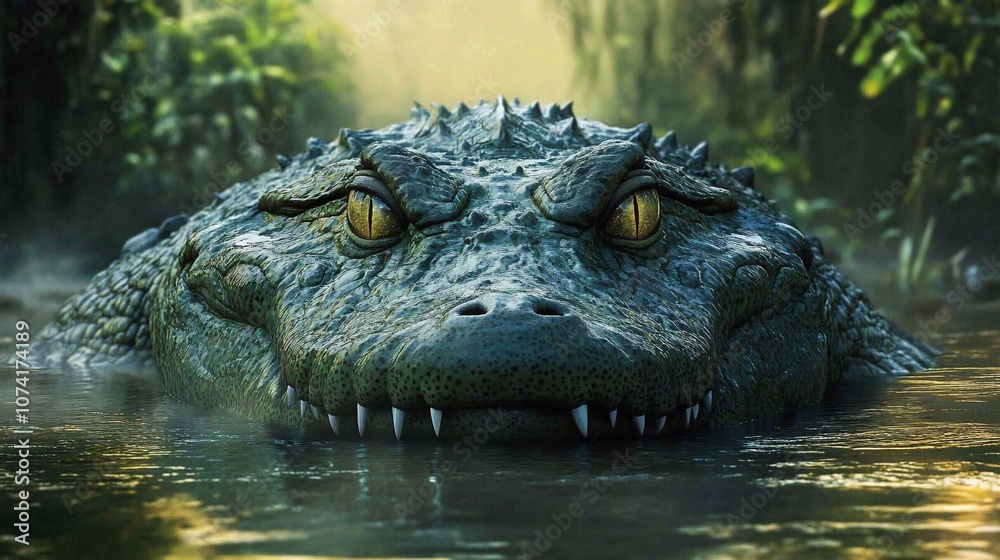 Obraz premium A close-up of a large crocodile's head and eyes peeking out of murky water, the green scales and sharp teeth visible in the soft morning light.