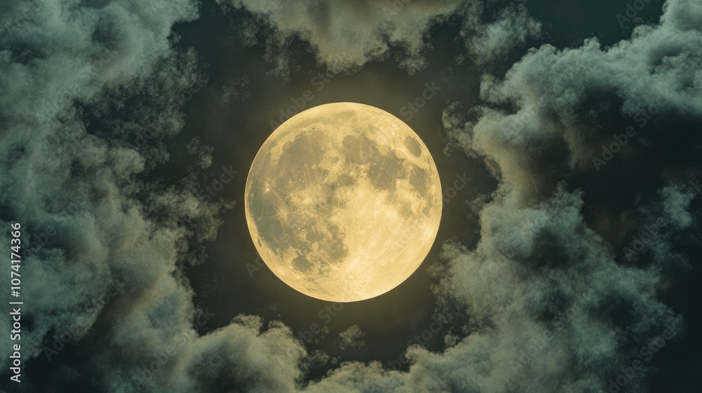 Bright full moon partially obscured by clouds in 3D cartoon rendering
