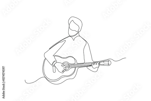 Man holding guitar one-line art drawing. Guitar musical instrument continuous outline vector.	