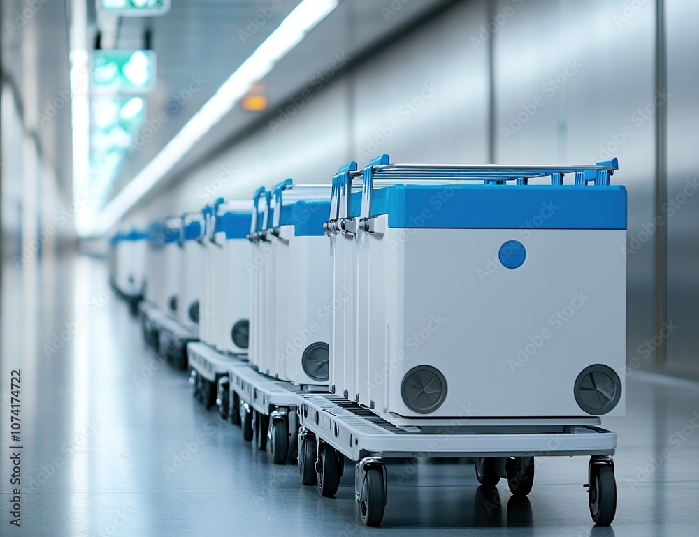 A row of medical transport carts with blue and white containers in a hospital corridor. A row of medical transport carts with blue and white containers in a hospital corridor.