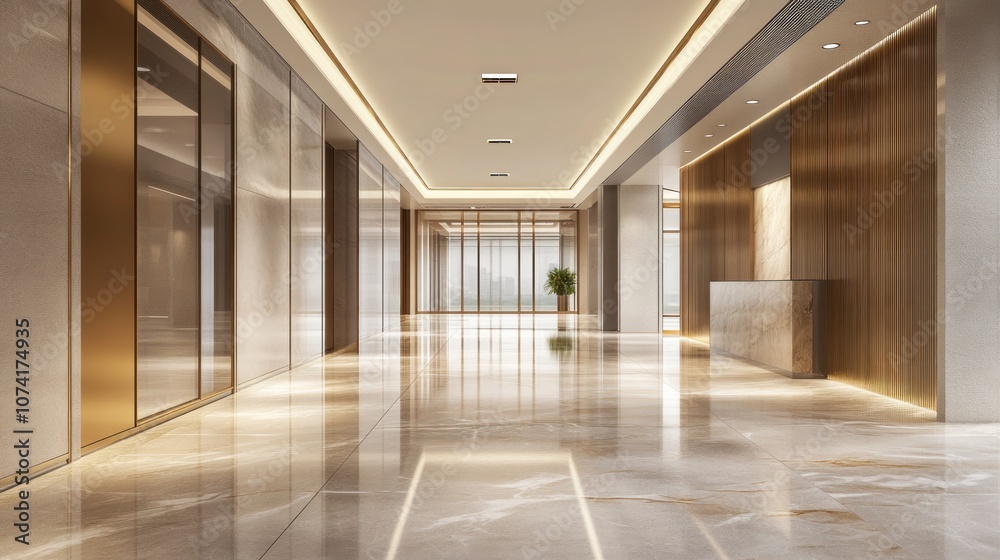 Close up of a long, bright corridor in a modern office building. Ai generated image Close up of a long, bright corridor in a modern office building. Ai generated image