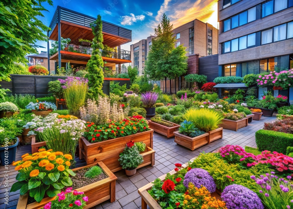 Obraz premium Vibrant Eco-Friendly Garden with Sustainable Practices, Innovative Tools, and Beautiful Outdoor Decor Showcasing Trends in Landscaping for Urban Exploration Photography