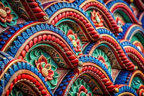 Vibrant Duo of Asian Scales with Intricate Arcs and Patterns in Red, Blue, and Black - A Tilt-Shift Perspective on Cultural Design Elements