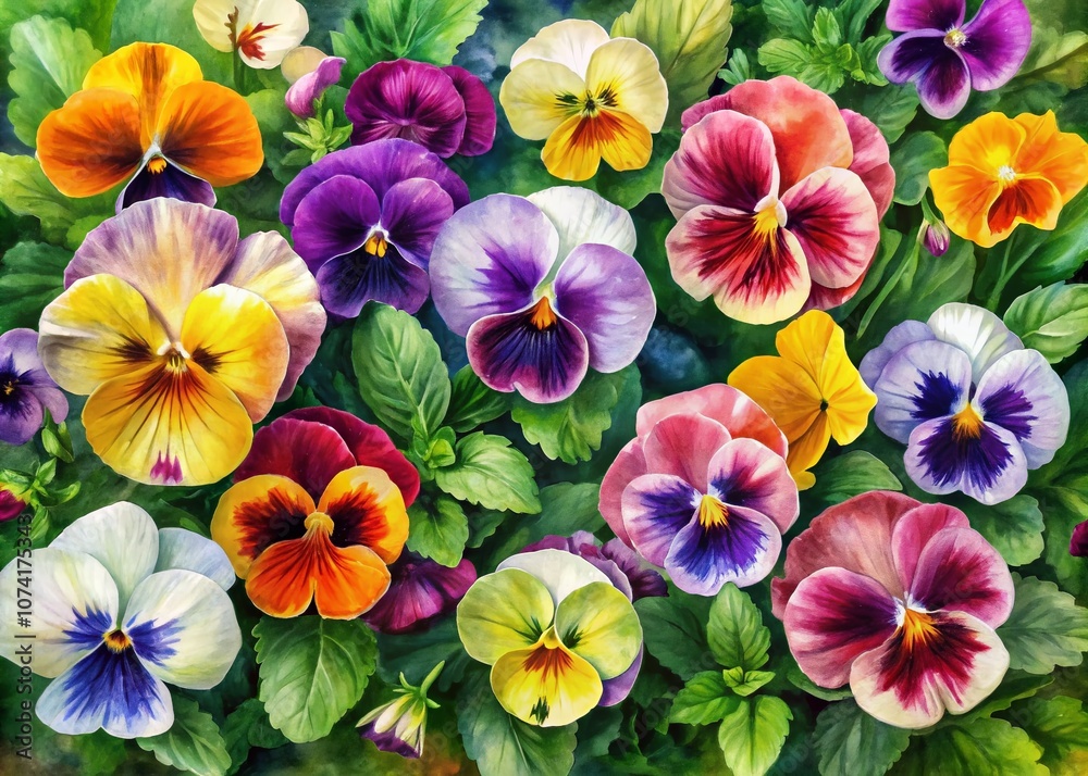 Vibrant Pansy Watercolor Art Captured by Drone Photography Showcasing Lush Gardens and Colorful Floral Patterns in Nature's Palette for Stunning Visuals