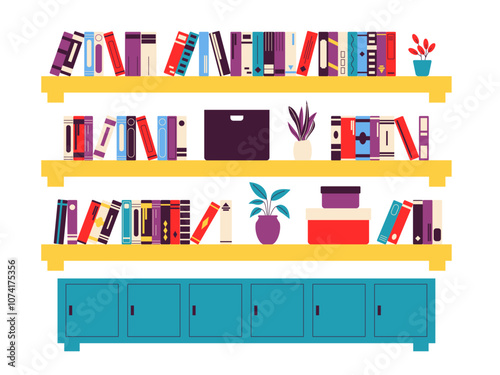 Furniture and interior decor elements set for home library. Library illustrations. Flat vector illustration.