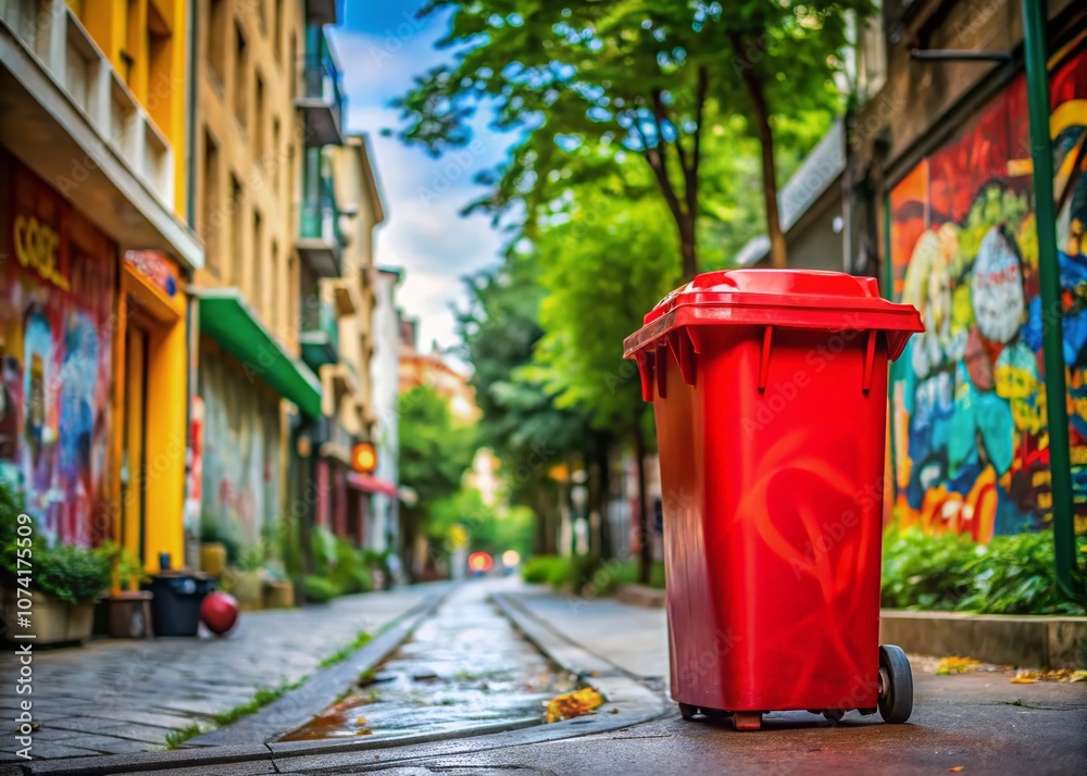 Vibrant Red Garbage Bin in Urban Landscape Surrounded by Lush Greenery and Colorful Street Art, Emphasizing Waste Management and Environmental Awareness in City Life Vibrant Red Garbage Bin in Urban Landscape Surrounded by Lush Greenery and Colorful Street Art, Emphasizing Waste Management and Environmental Awareness in City Life
