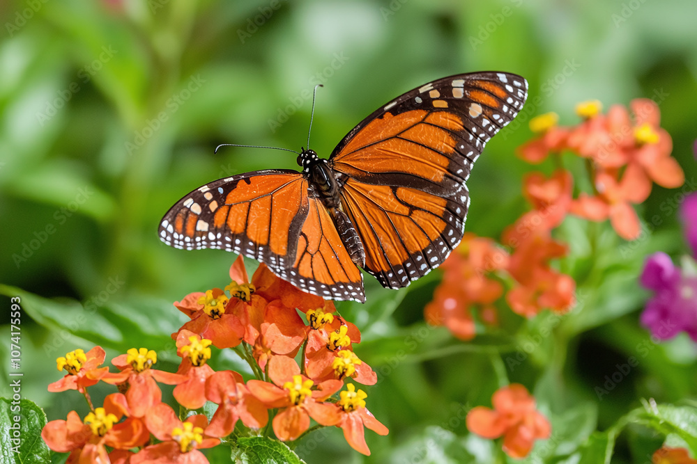 Fototapeta premium a beautiful butterfly on a vibrant blooming flower in a spring field.
