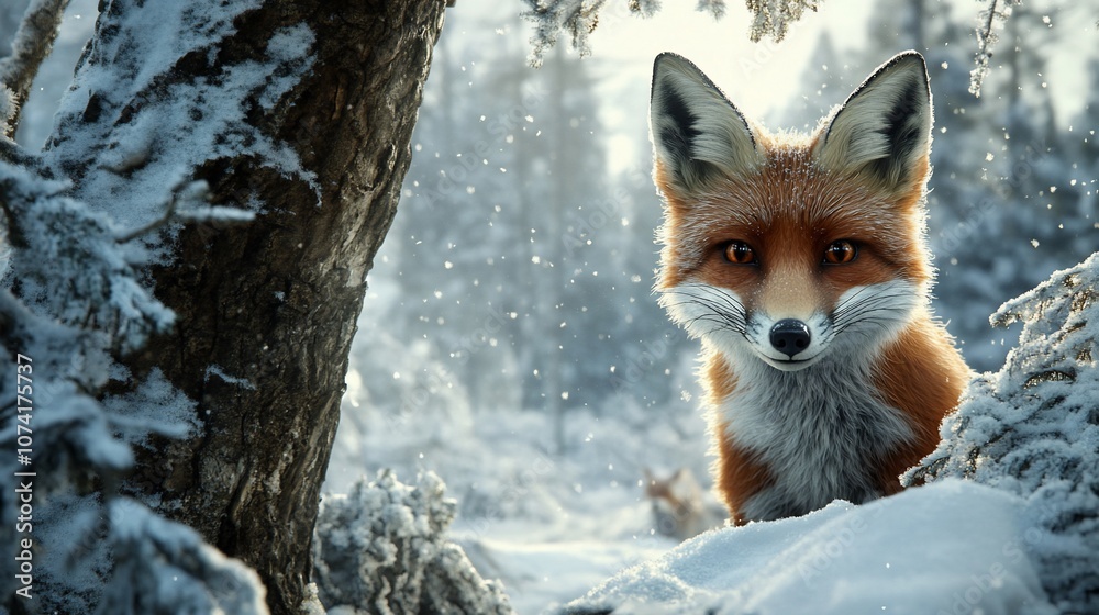 Fototapeta premium A red fox peeks out from behind a snowy tree in a winter forest.