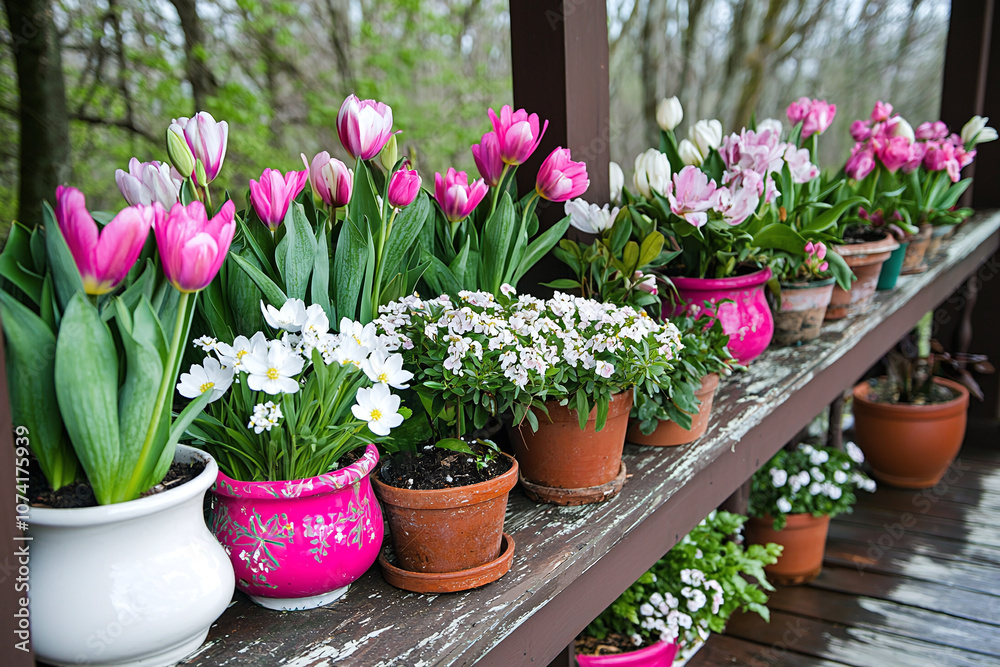 a cozy porch decorated with potted spring plants and blooming flowers. a cozy porch decorated with potted spring plants and blooming flowers.