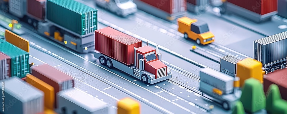 Miniature city street with trucks and cars, vibrant model transportation scene. Miniature city street with trucks and cars, vibrant model transportation scene.