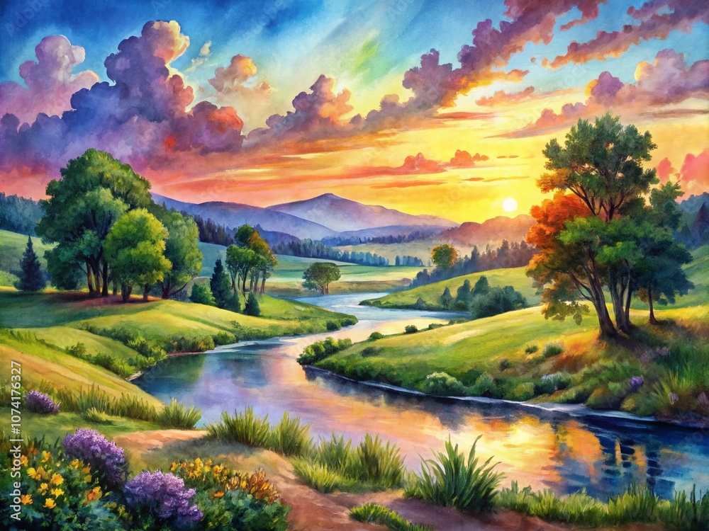 Fototapeta premium Vibrant Watercolor Landscape Paintings Capturing Nature's Beauty in Soft Hues and Fluid Brushstrokes for Art Enthusiasts and Decor Lovers