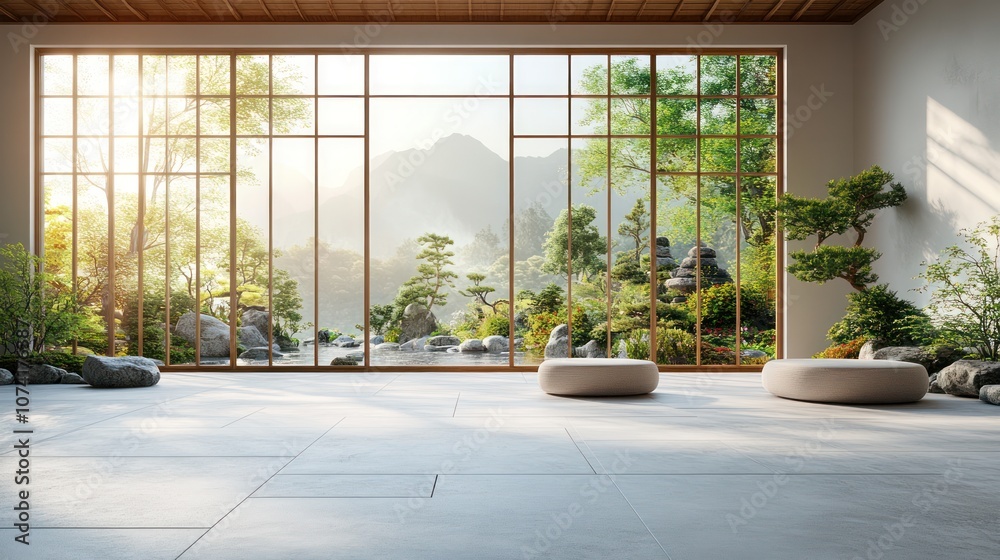 Fototapeta premium Minimalist Japanese-style room with large windows overlooking a serene garden.