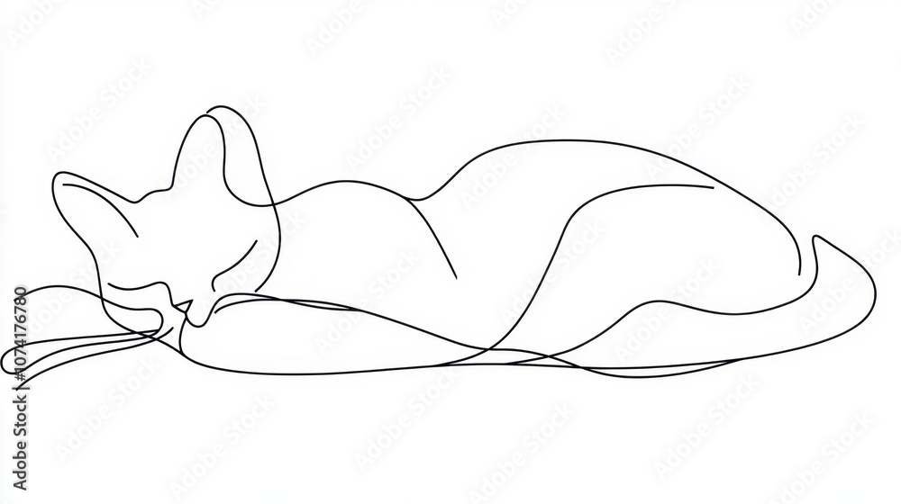 Simple line art of a cat curled up, delicate lines forming a cozy shape on white Simple line art of a cat curled up, delicate lines forming a cozy shape on white