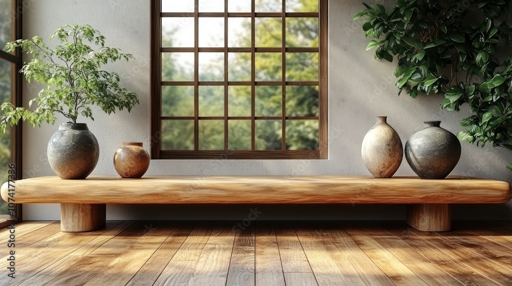 Minimalist zen room with wooden bench, vases, and a large window with a view of a lush garden. Minimalist zen room with wooden bench, vases, and a large window with a view of a lush garden.