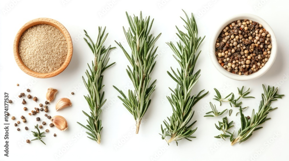 Fresh Rosemary Sprigs and Spices Arranged on a White Background Generative AI Fresh Rosemary Sprigs and Spices Arranged on a White Background Generative AI