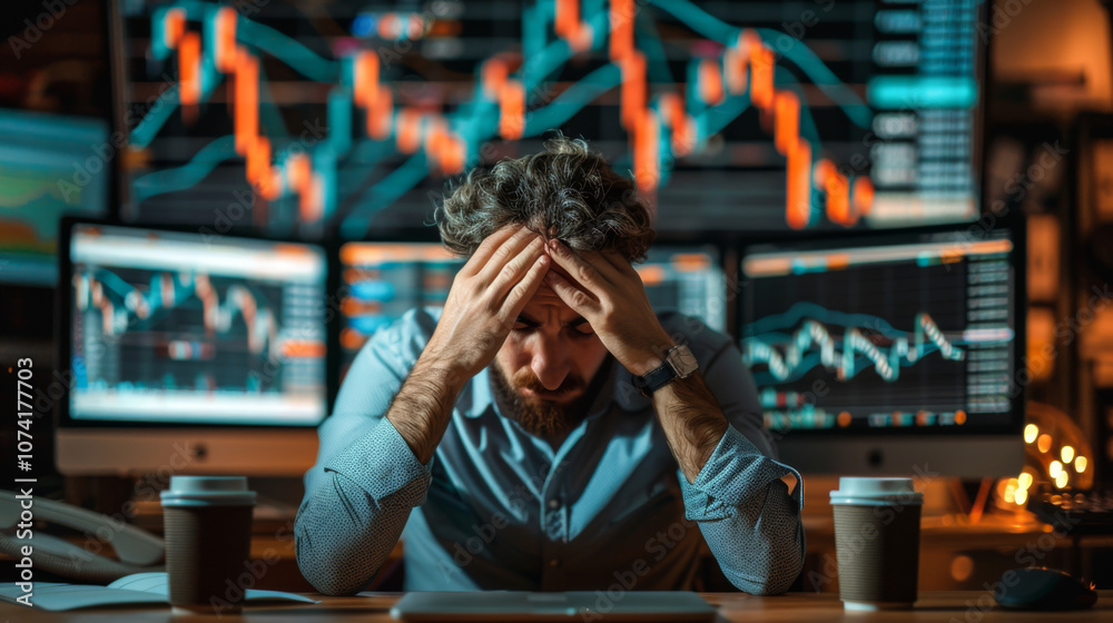 stressed, worried stock trader sitting at a desk in front of multiple computer monitors stressed, worried stock trader sitting at a desk in front of multiple computer monitors