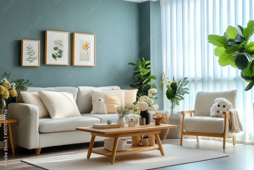 Wooden coffee table and chair. gray sofa against green wall Wooden coffee table and chair. gray sofa against green wall